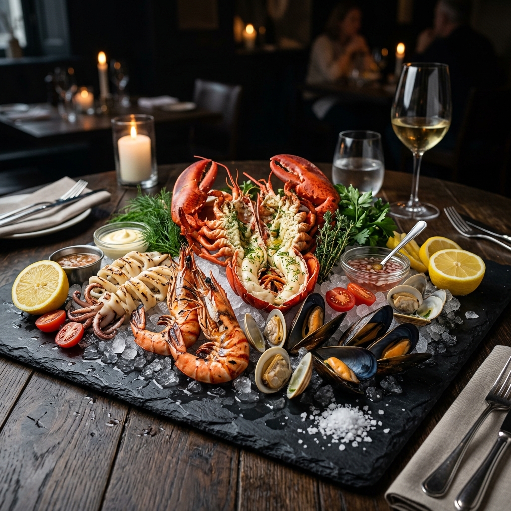 Royal seafood platter with lobster, prawns, calamari and clams