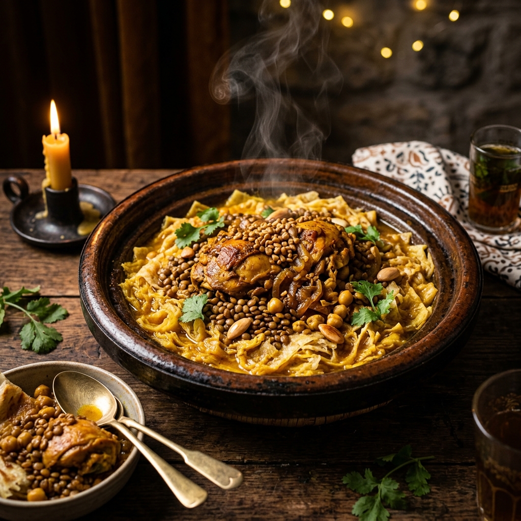 Rfisa Tres Forcas — slow cooked chicken with lentils and msemen