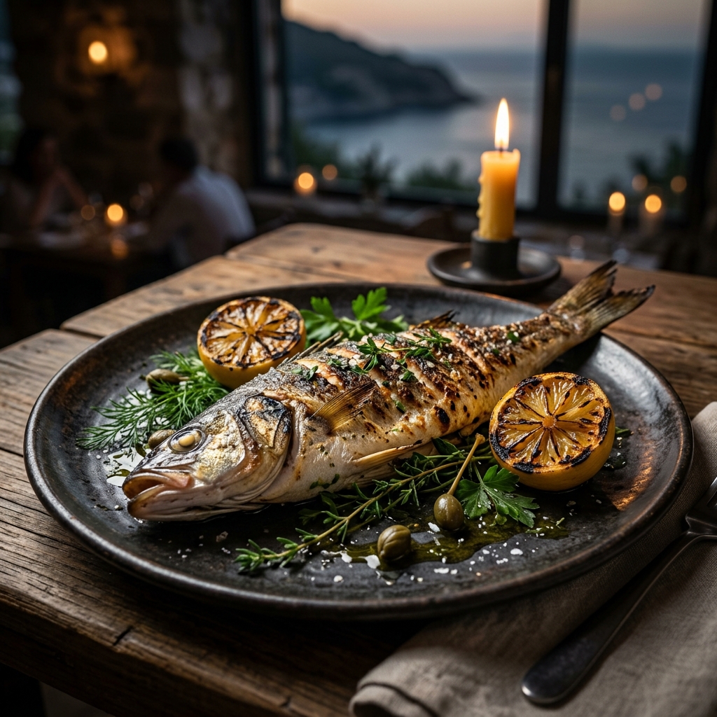 Whole grilled Mediterranean sea bass with lemon and capers