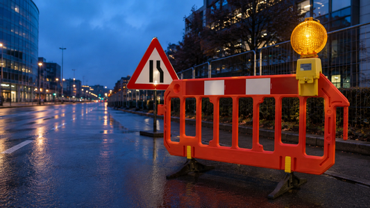 Red pedestrian safety barrier with an amber warning lamp and lane-narrowing sign on a wet urban roadway