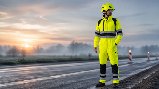Safety professional inspecting a fall-protection harness beside a helmet, gloves, protective footwear and hearing protection.